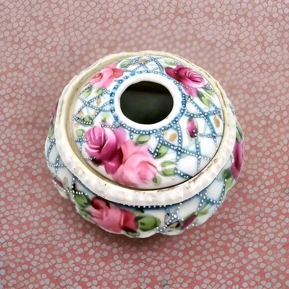 Antique Porcelain Victorian Hair Receiver Moriage Handpainted Flowers Roses - Picture 1 of 10